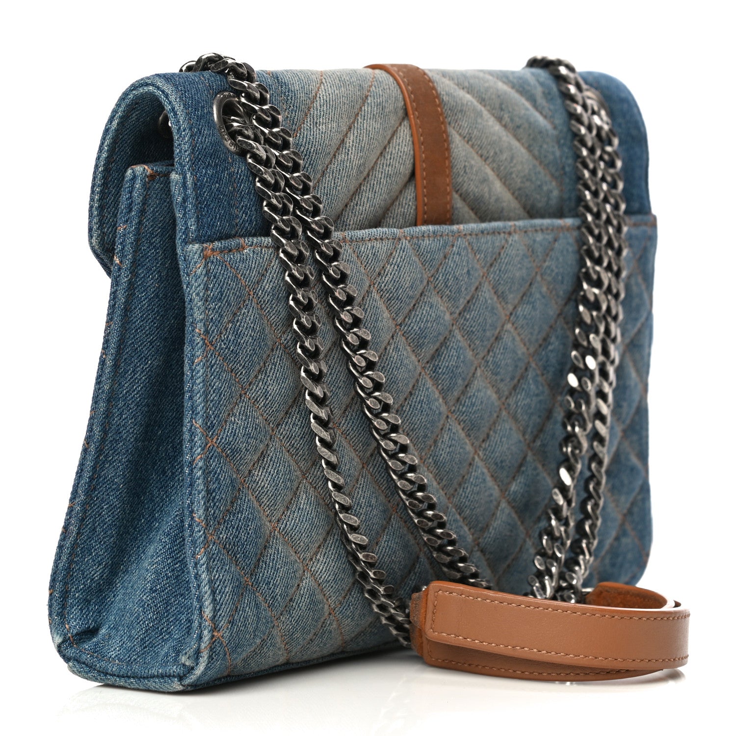 Saint Laurent Denim Mixed Matelasse Triquilt Medium Monogram Envelope Satchel Blue 2 of 15