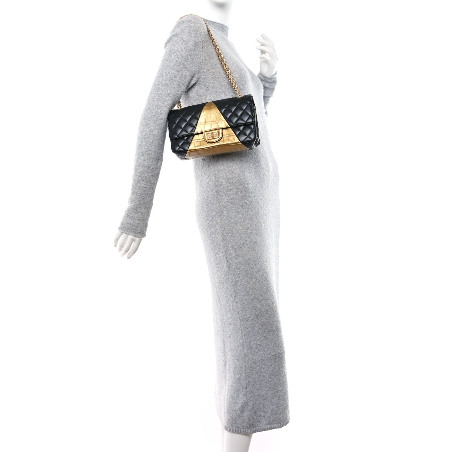 Lambskin Metallic Calfskin Crocodile Embossed 2.55 Cocodile Reissue 225 Flap Black Gold Black Gold
