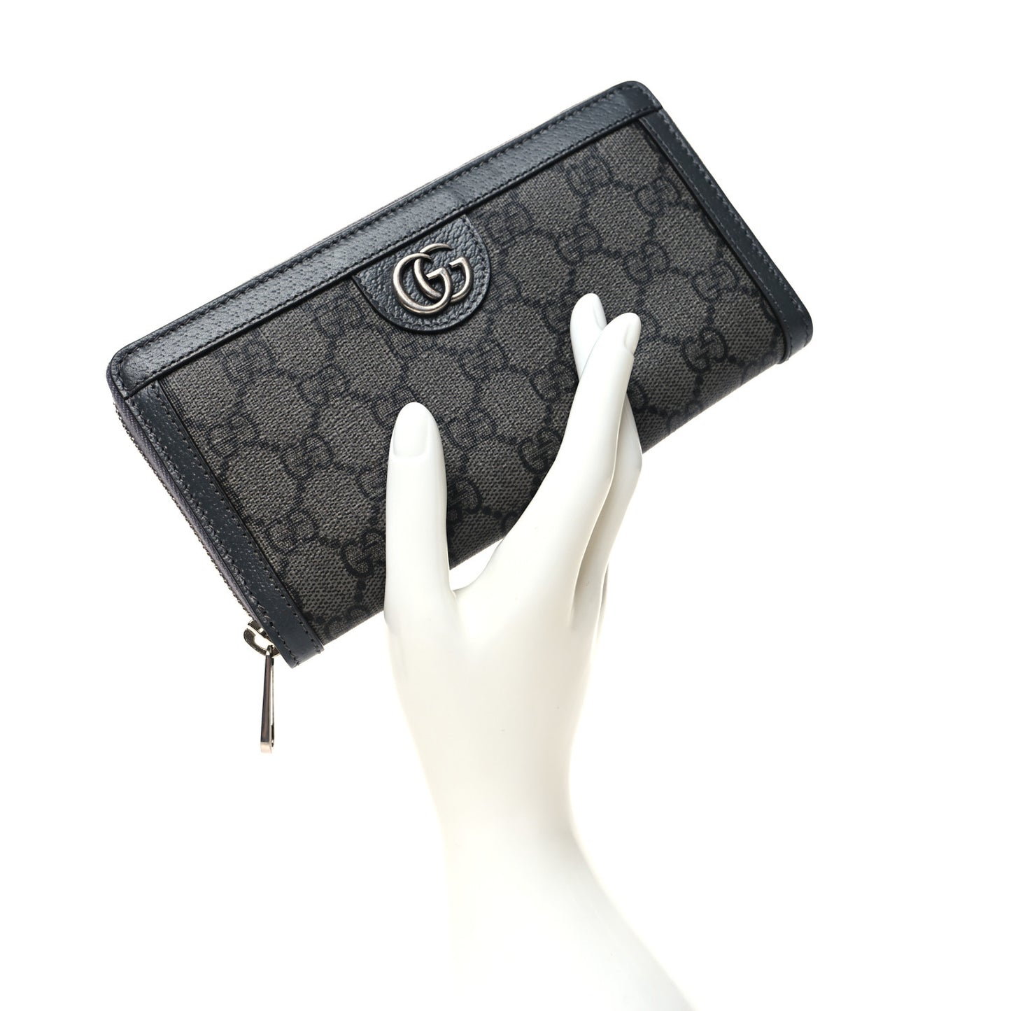 GG Supreme Monogram Textured Dollar Calfskin Ophidia Zip Around Wallet Grey Black Graphite Grey