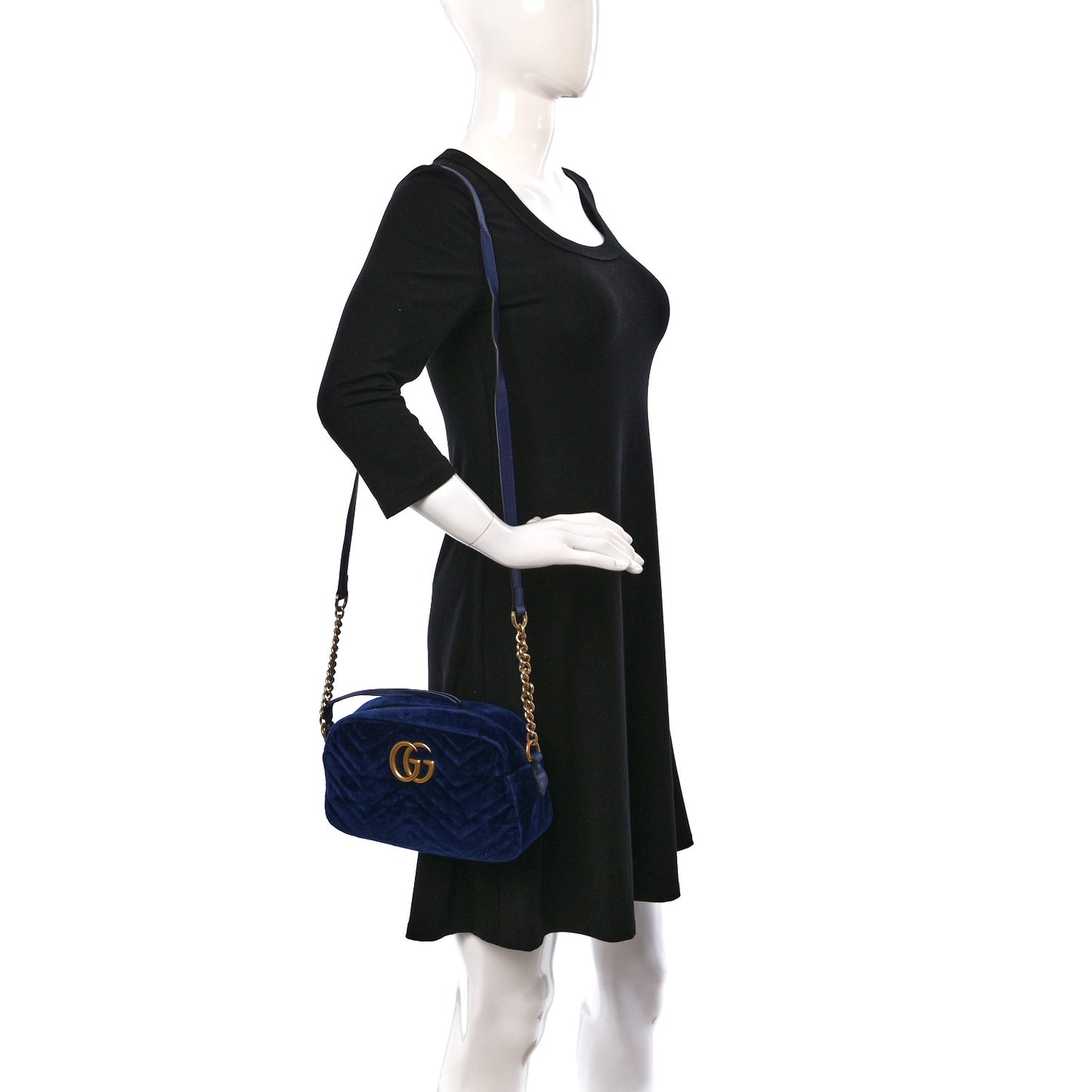 Velvet Matelasse Small GG Marmont Chain Shoulder Bag Cobalt