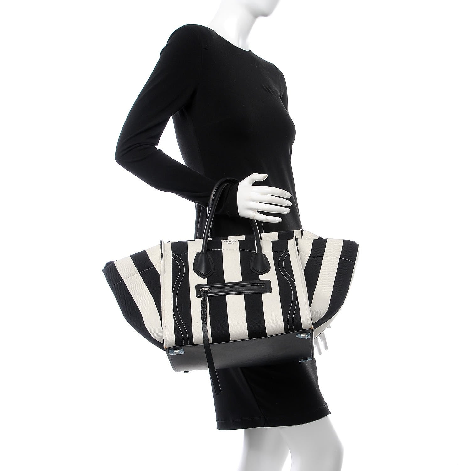 Celine Cotton Canvas Striped Medium Phantom Luggage White Black 2 of 13