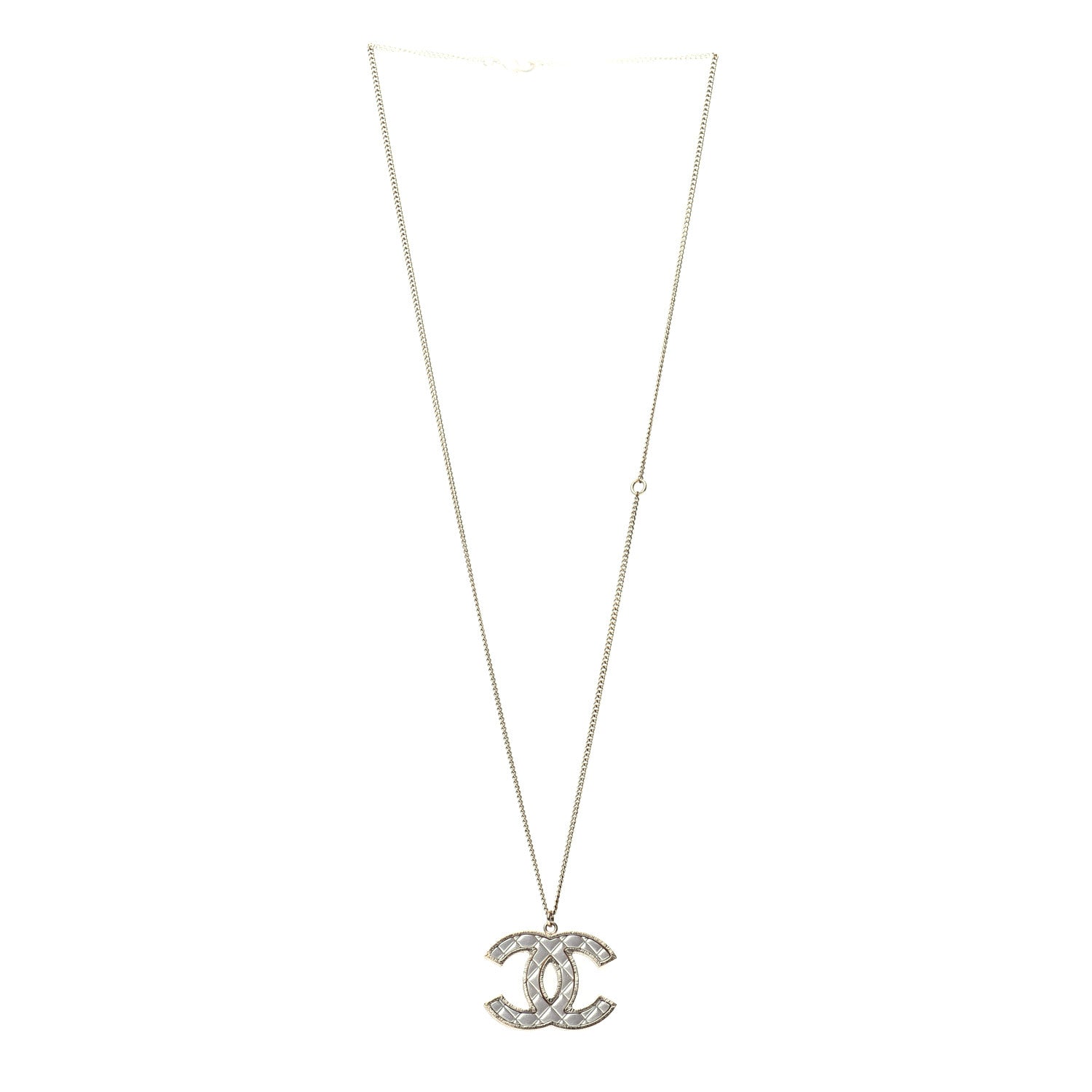 Chanel Metal Quilted CC Pendant Necklace Gold White 3 of 5