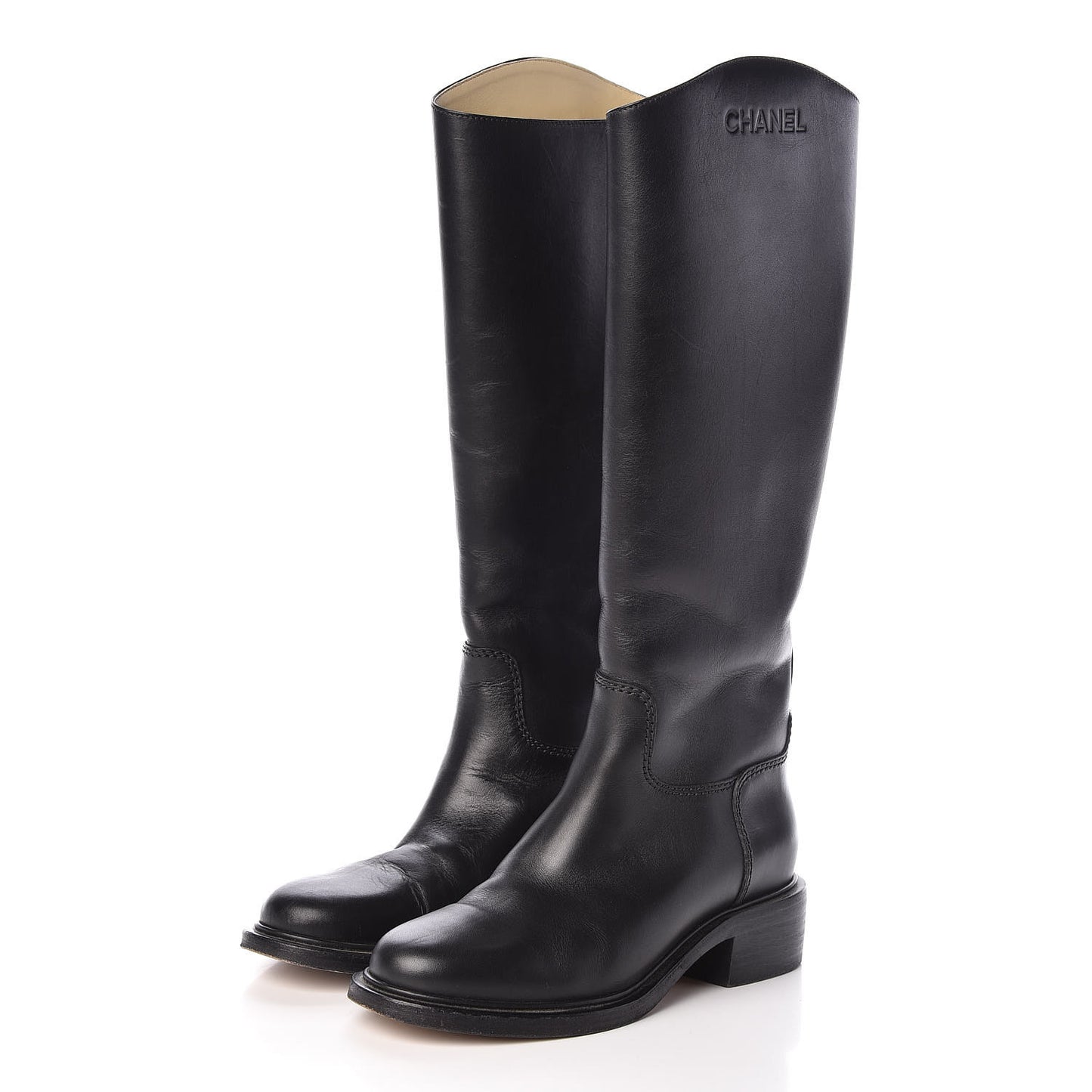 Calfskin Logo Riding Boots 38 Black