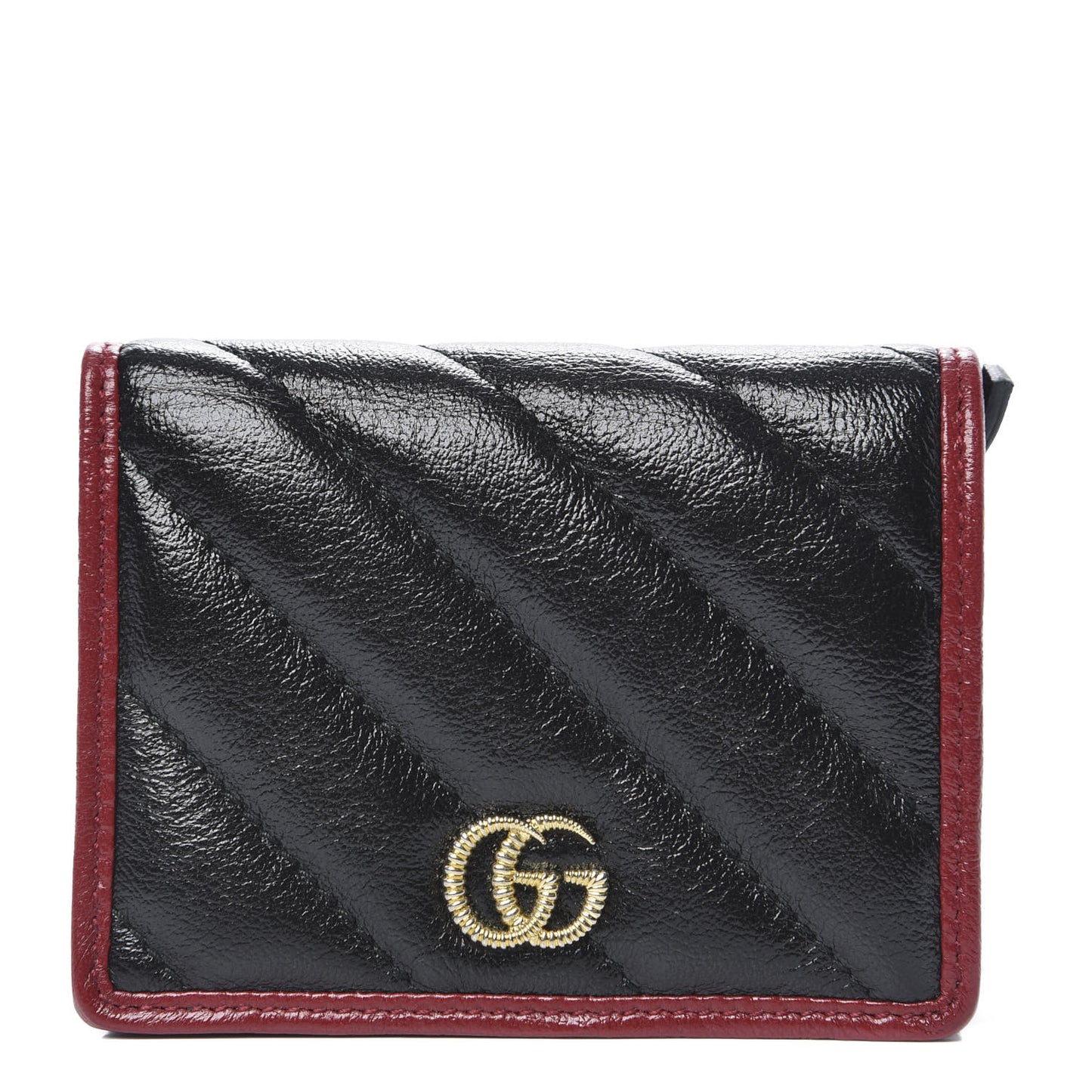 Vintage Effect Calfskin Matelasse Diagonal Torchon GG Marmont Card Case Wallet Black Romantic Cherry
