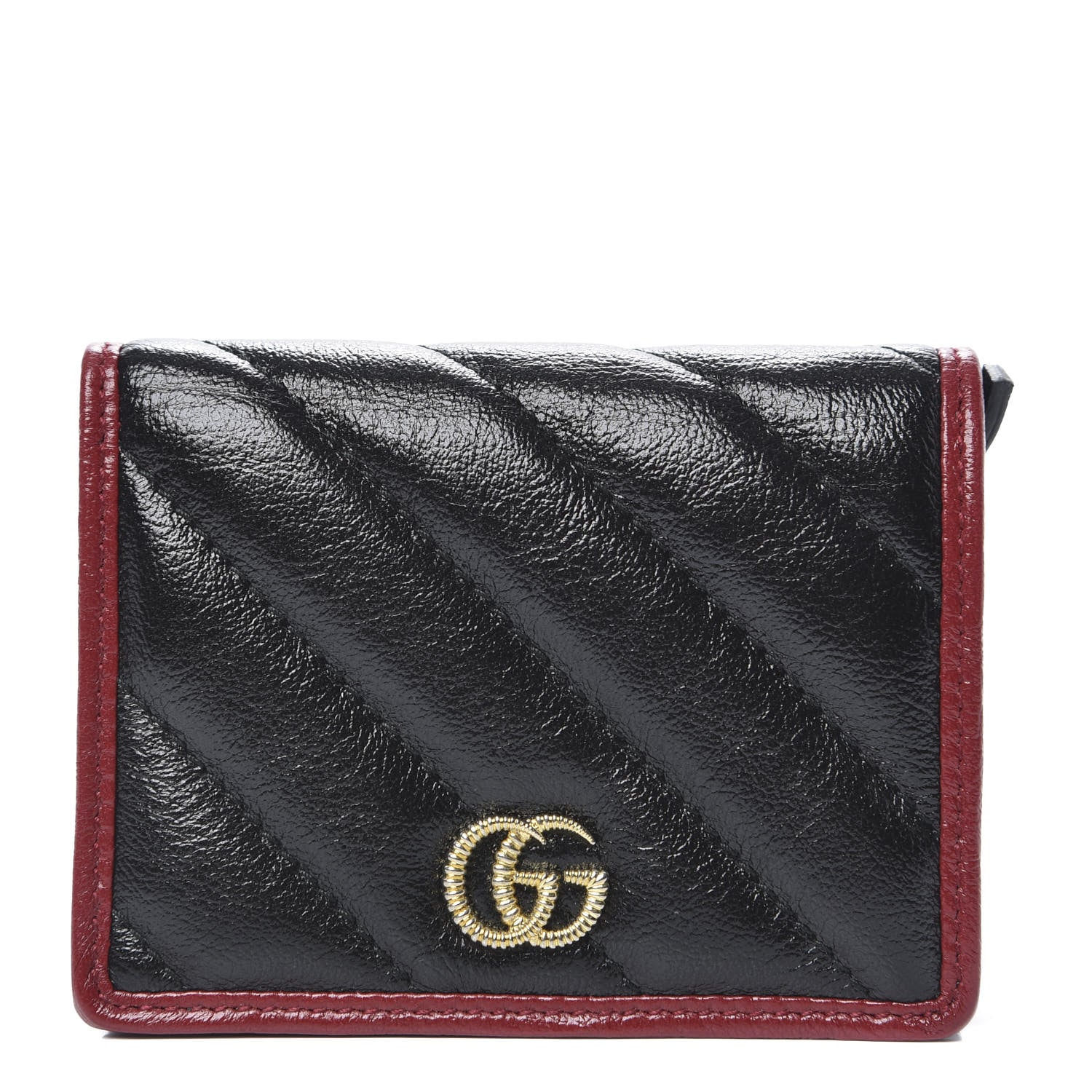 Gucci Vintage Effect Calfskin Matelasse Diagonal Torchon GG Marmont Card Case Wallet Black Romantic Cherry 1 of 8