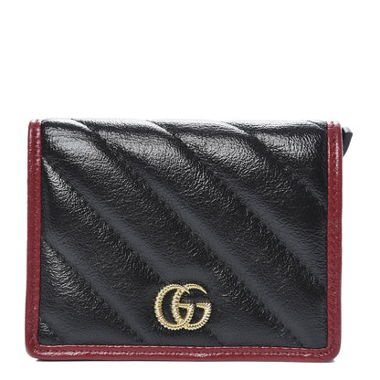 Gucci Vintage Effect Calfskin Matelasse Diagonal Torchon GG Marmont Card Case Wallet Black Romantic Cherry 1 of 8