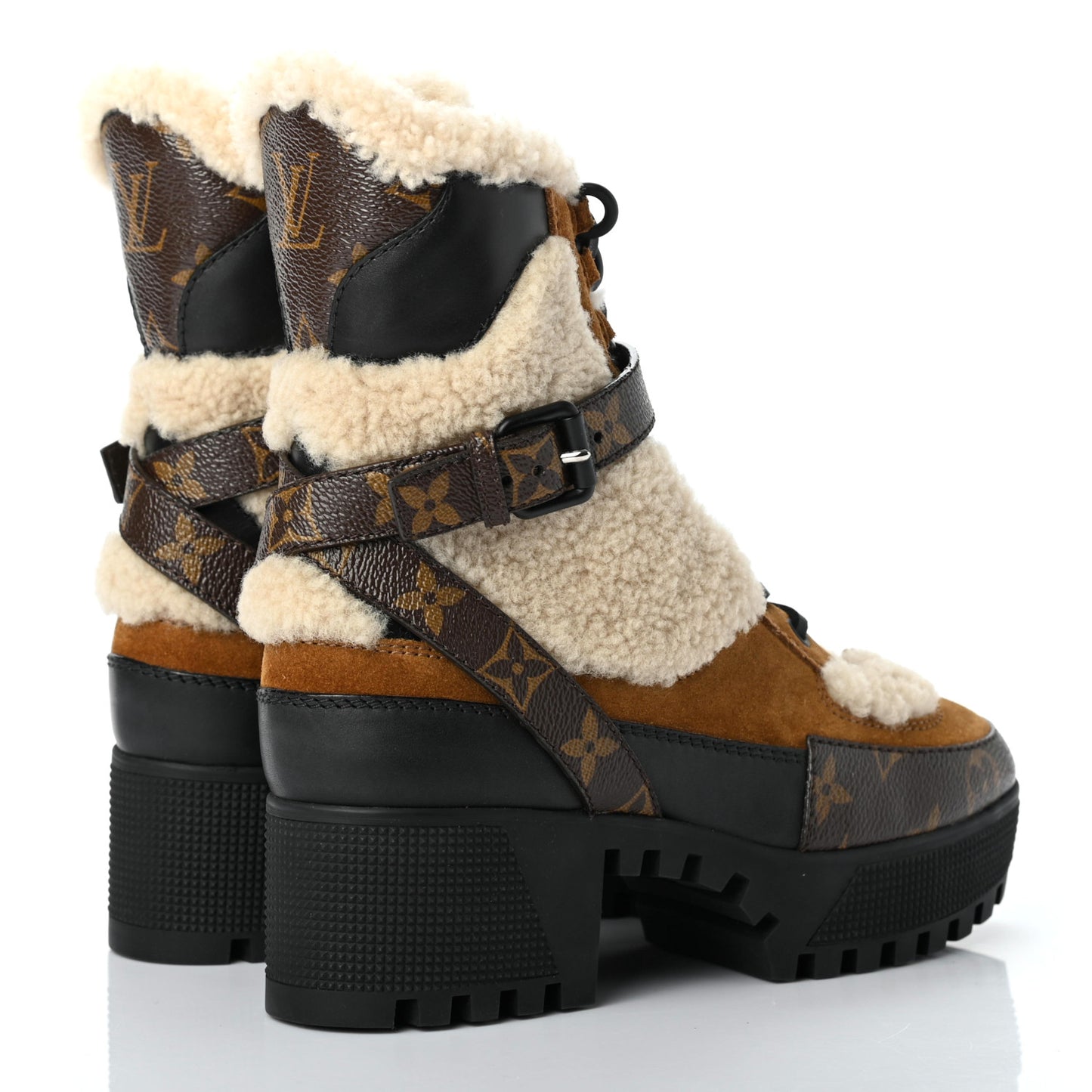 Suede Calfskin Shearling Monogram Laureate Platform Desert Boots 35 Cognac