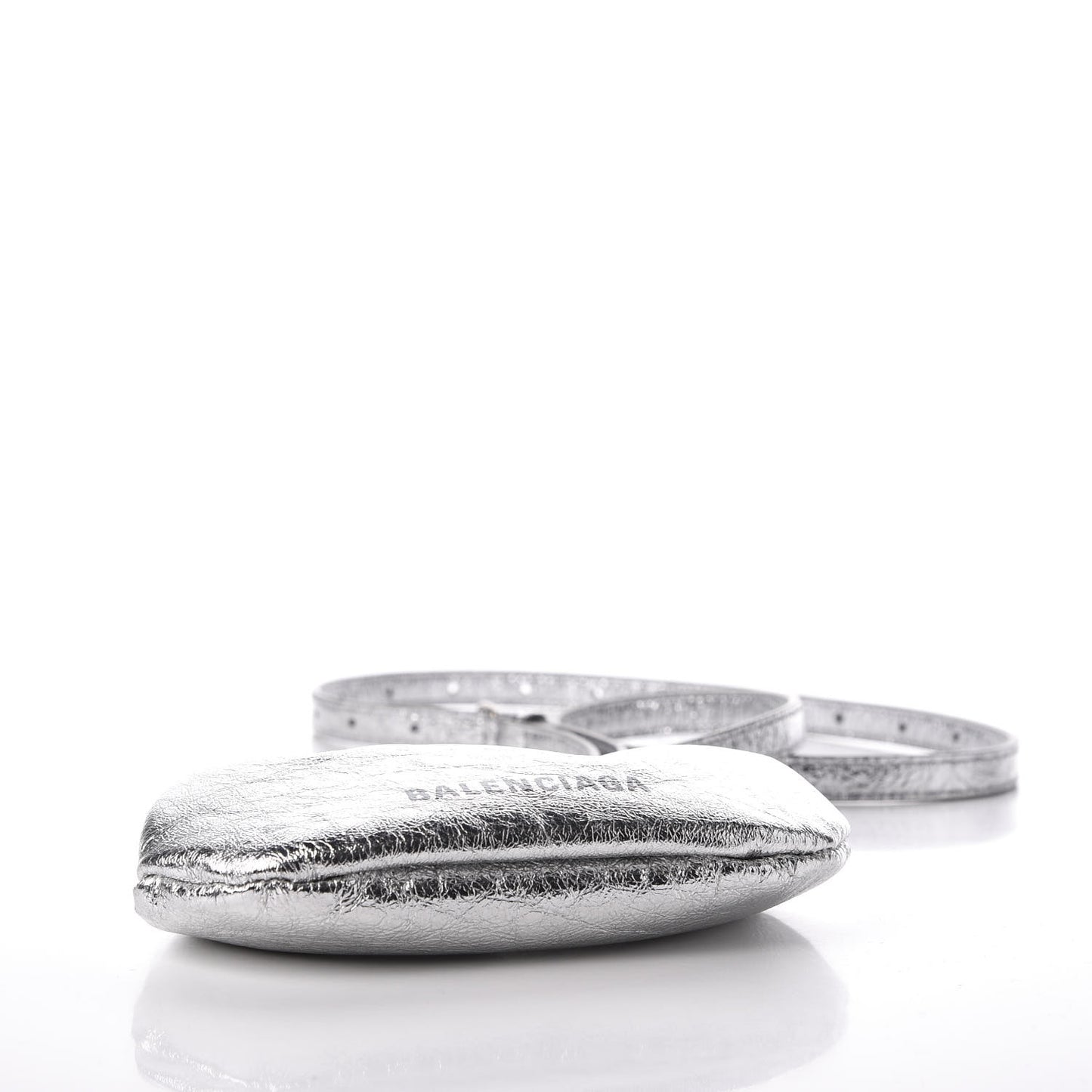 Metallic Textured Calfskin Logo Cloud Coin Purse With Strap Silver