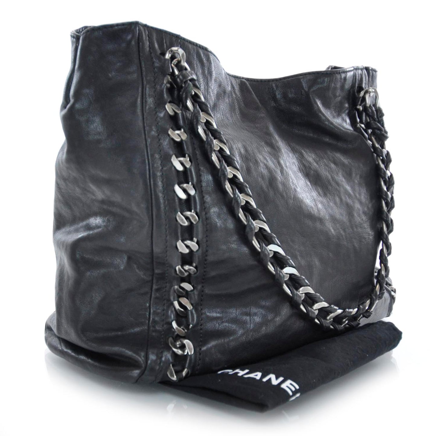 Leather Modern Chain Tote Black