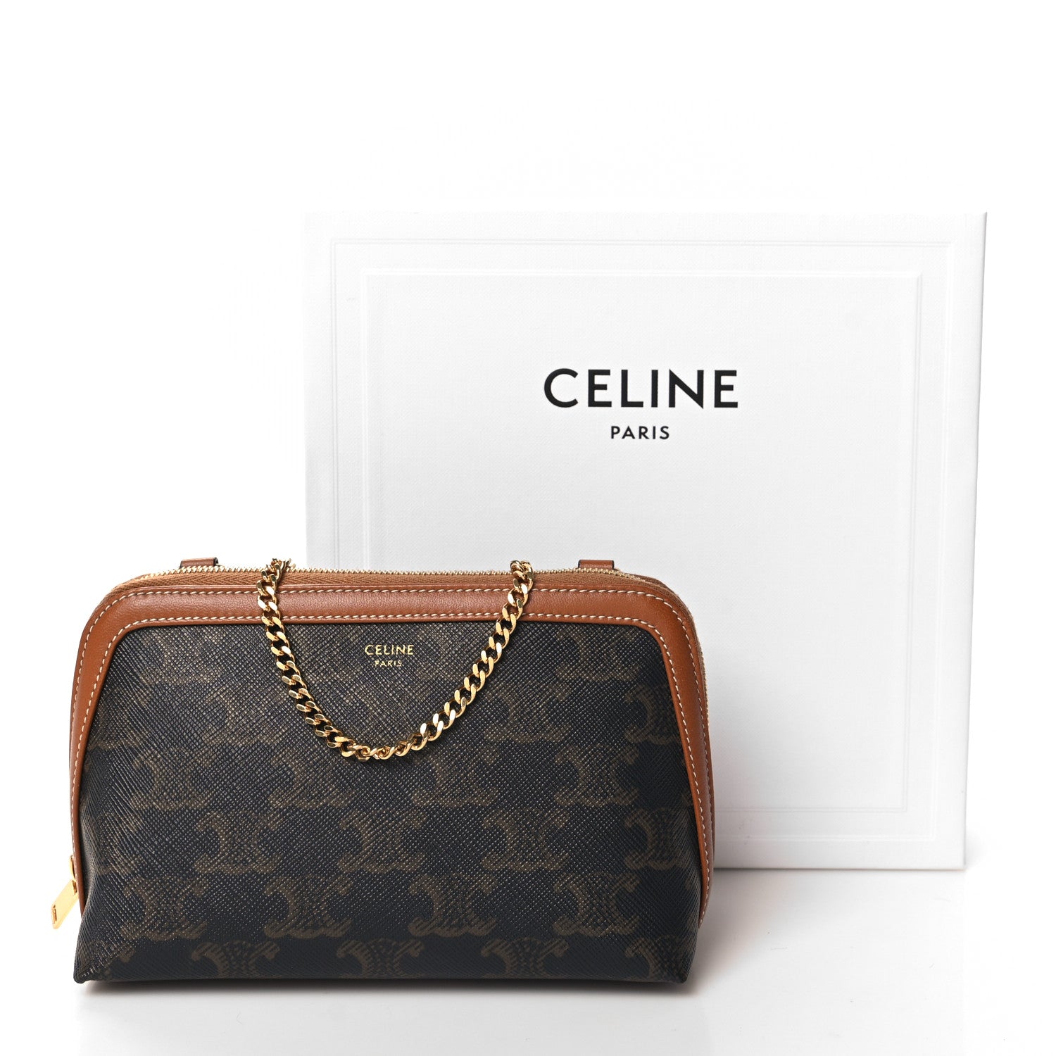 Celine Triomphe Canvas Calfskin Mini Clutch on Chain Tan 11 of 11