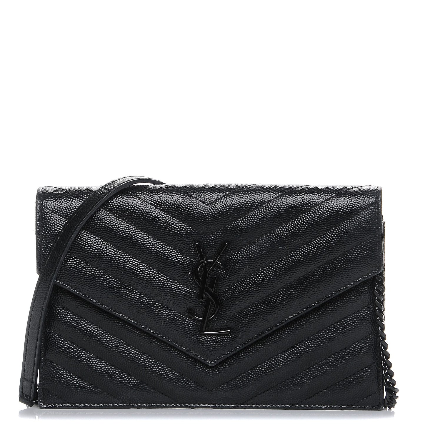 Grain De Poudre Matelasse Chevron Monogram Envelope Chain Wallet Black