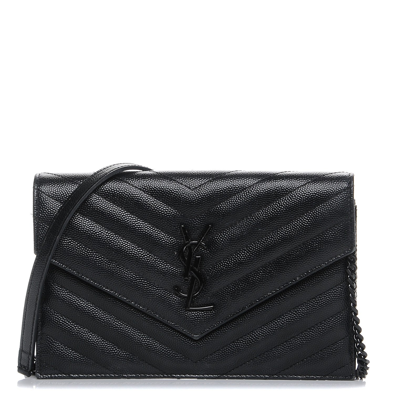 Saint Laurent Grain De Poudre Matelasse Chevron Monogram Envelope Chain Wallet Black 1 of 9