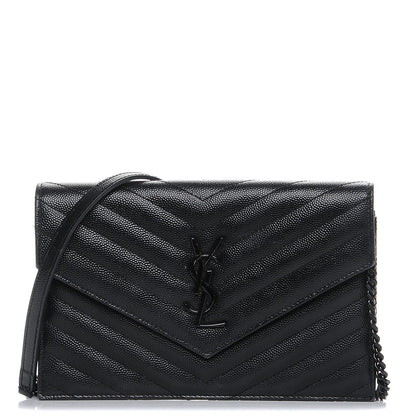Saint Laurent Grain De Poudre Matelasse Chevron Monogram Envelope Chain Wallet Black 1 of 9