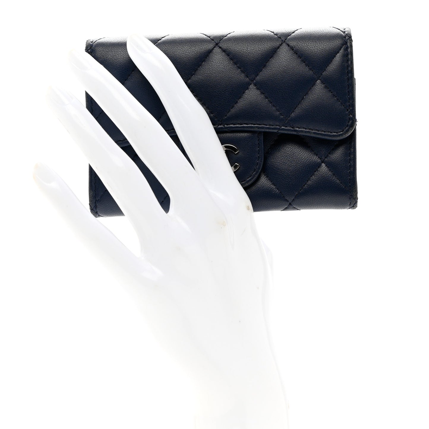 Lambskin Quilted Flap Card Holder Wallet Navy