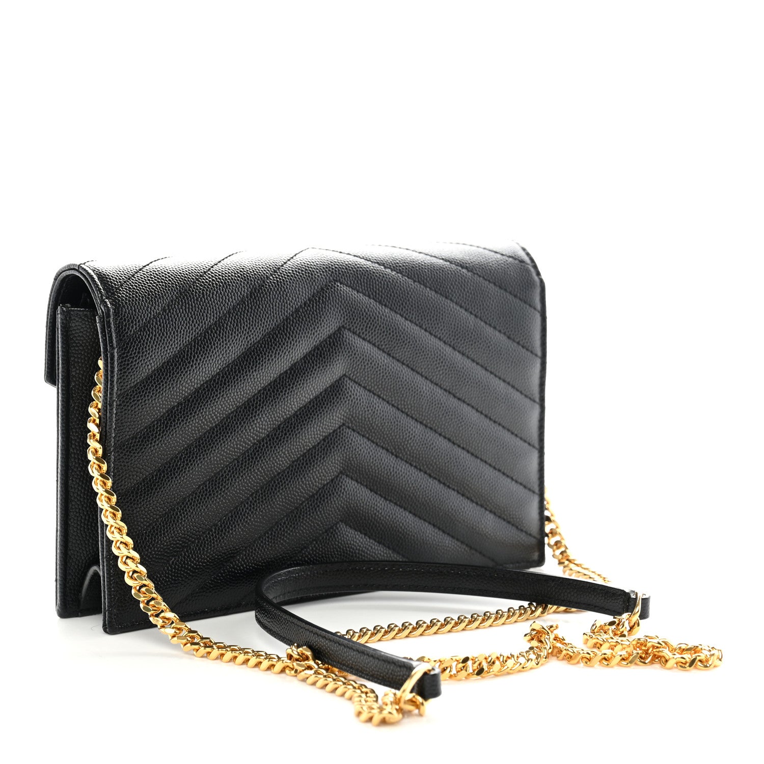 Saint Laurent Grain De Poudre Matelasse Chevron Monogram Envelope Chain Wallet Black 3 of 10