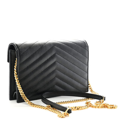 Saint Laurent Grain De Poudre Matelasse Chevron Monogram Envelope Chain Wallet Black 3 of 10