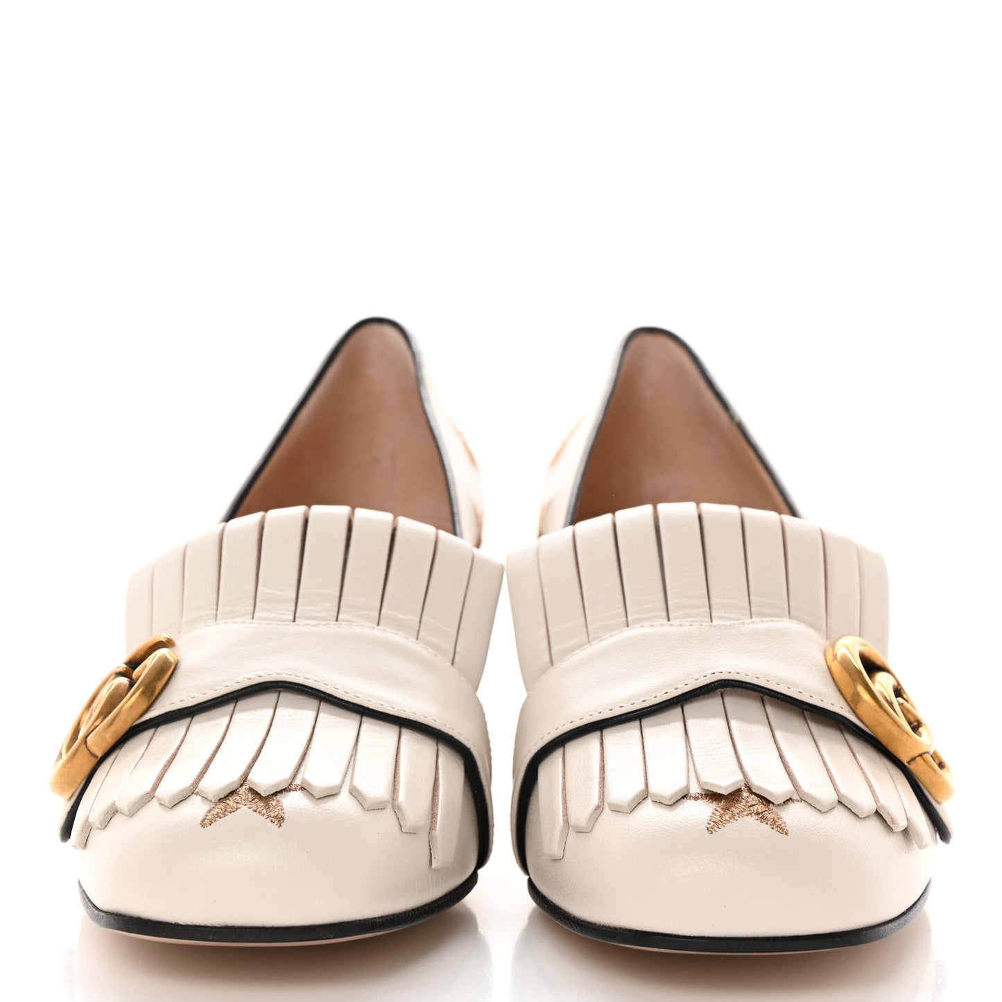 Quentin Goatskin Bee Star Embroidered GG Marmont Fringe 50mm Loafer Pumps 37 Mystic White