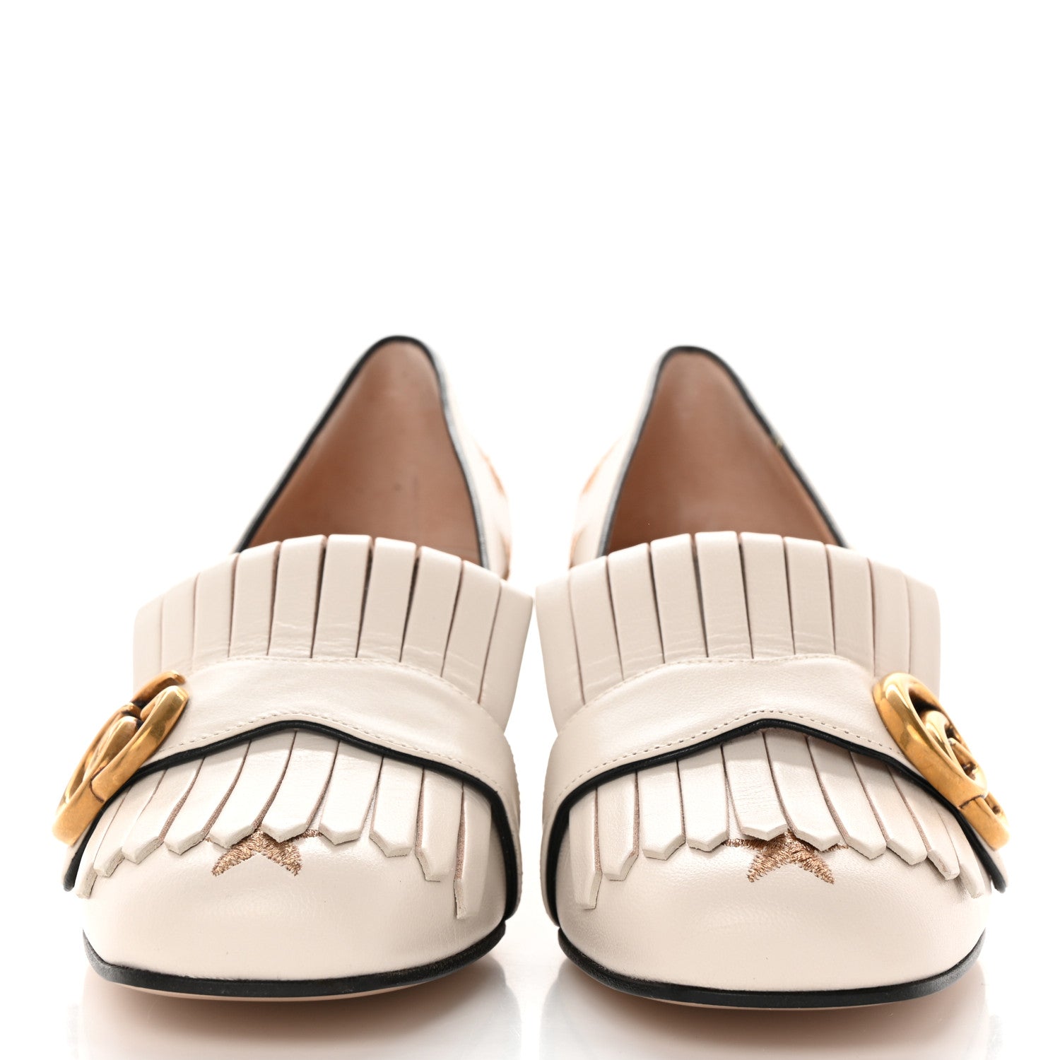 Gucci Quentin Goatskin Bee Star Embroidered GG Marmont Fringe 50mm Loafer Pumps 37 Mystic White 2 of 11