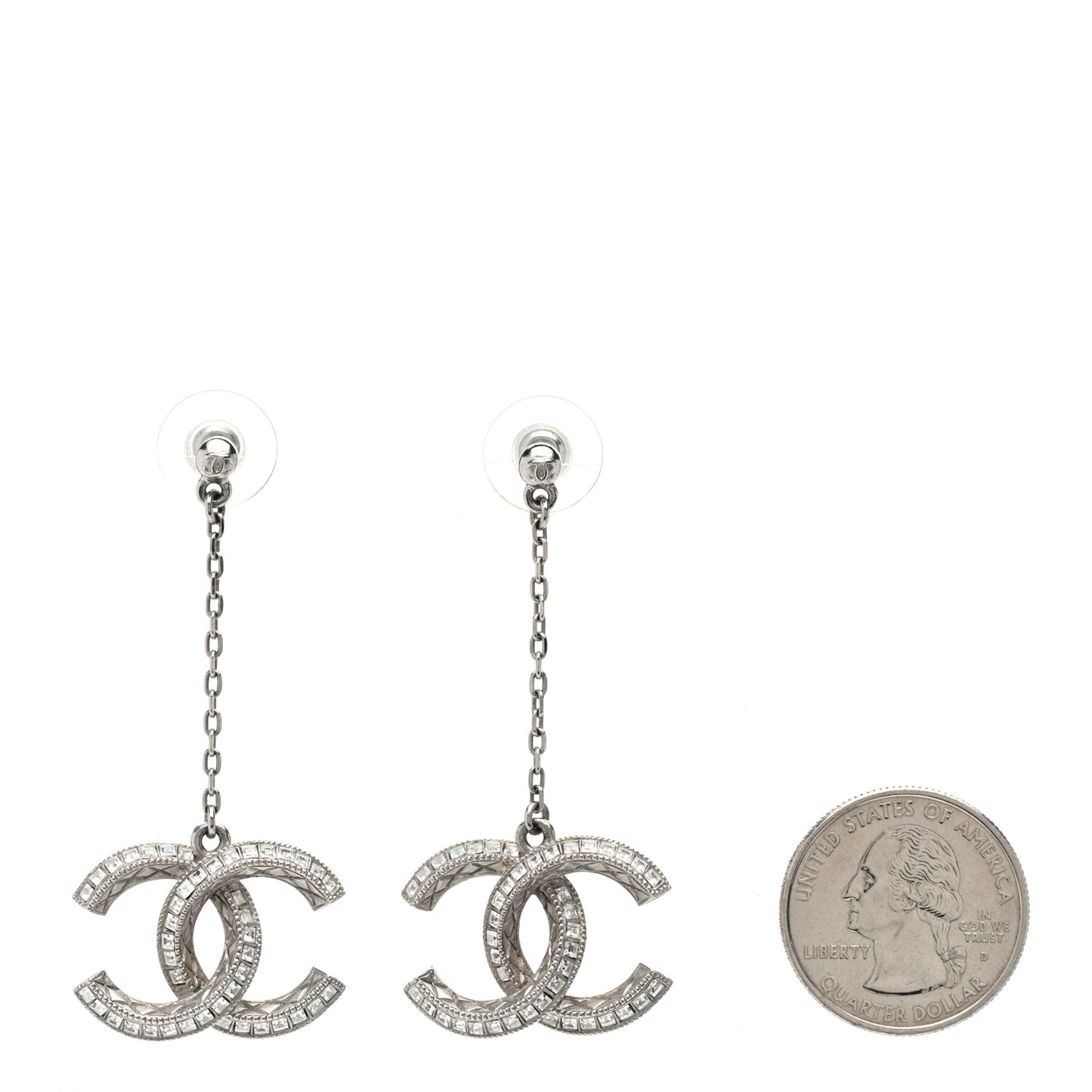 Baguette Crystal Quilted CC Drop Earrings Silver