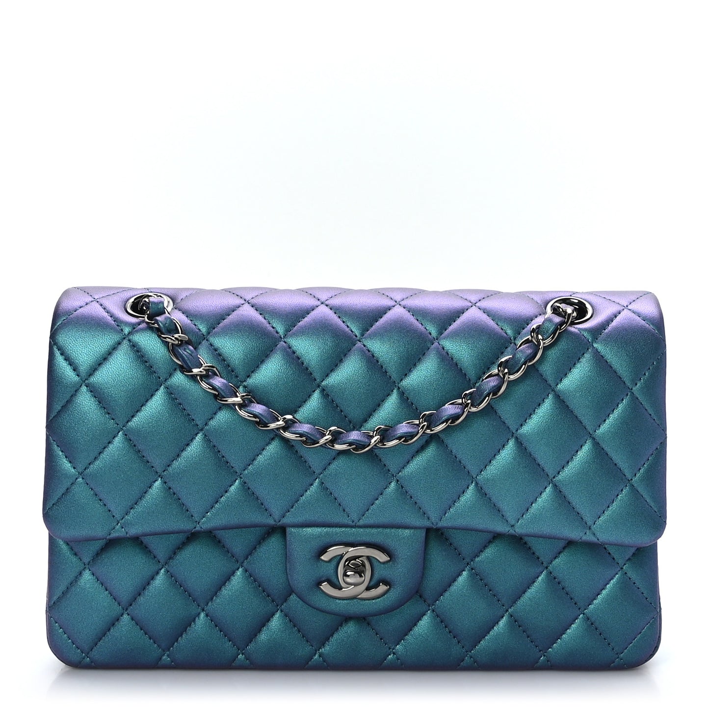 Iridescent Lambskin Quilted Medium Double Flap Turquoise