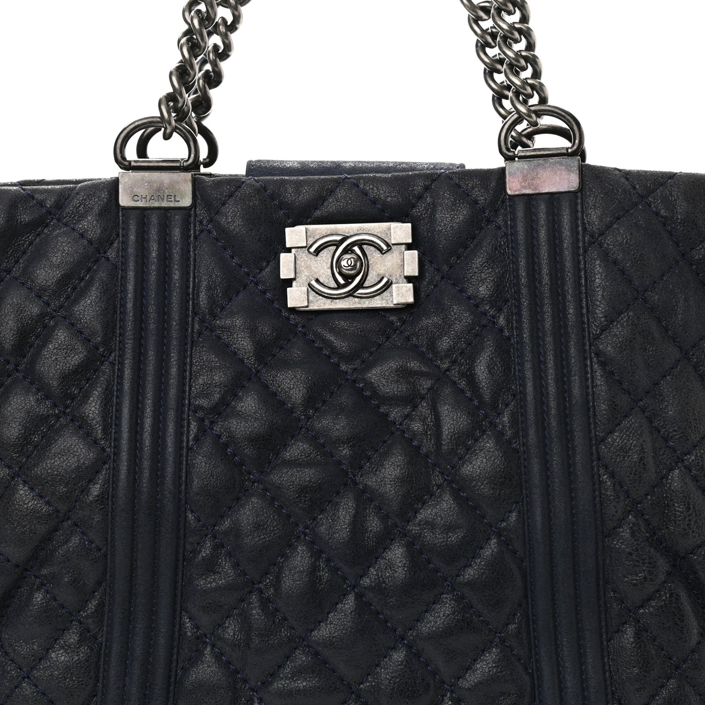 Iridescent Calfskin Quilted Large Gentle Boy Shopping Tote Navy
