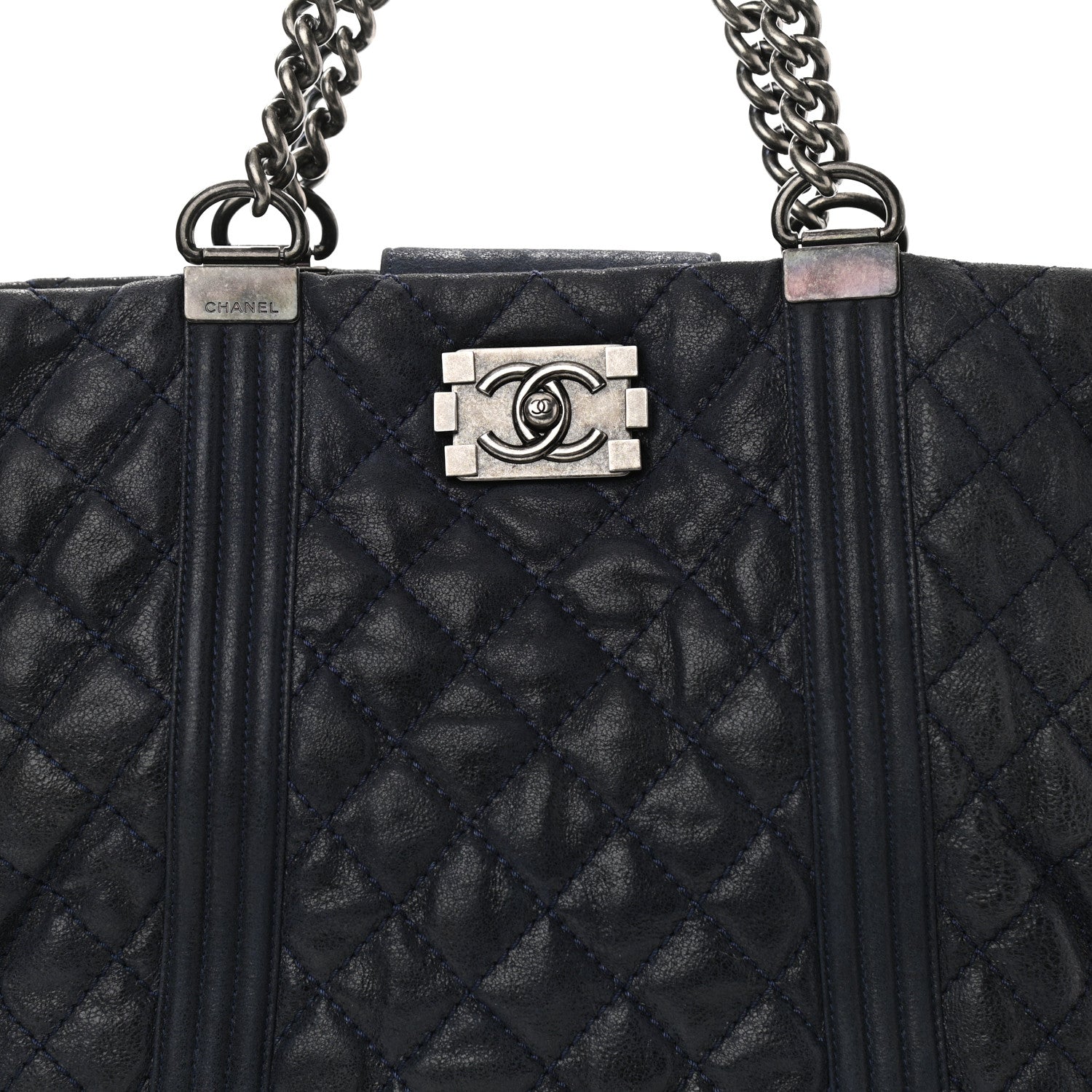 Chanel Iridescent Calfskin Quilted Large Gentle Boy Shopping Tote Navy 8 of 10