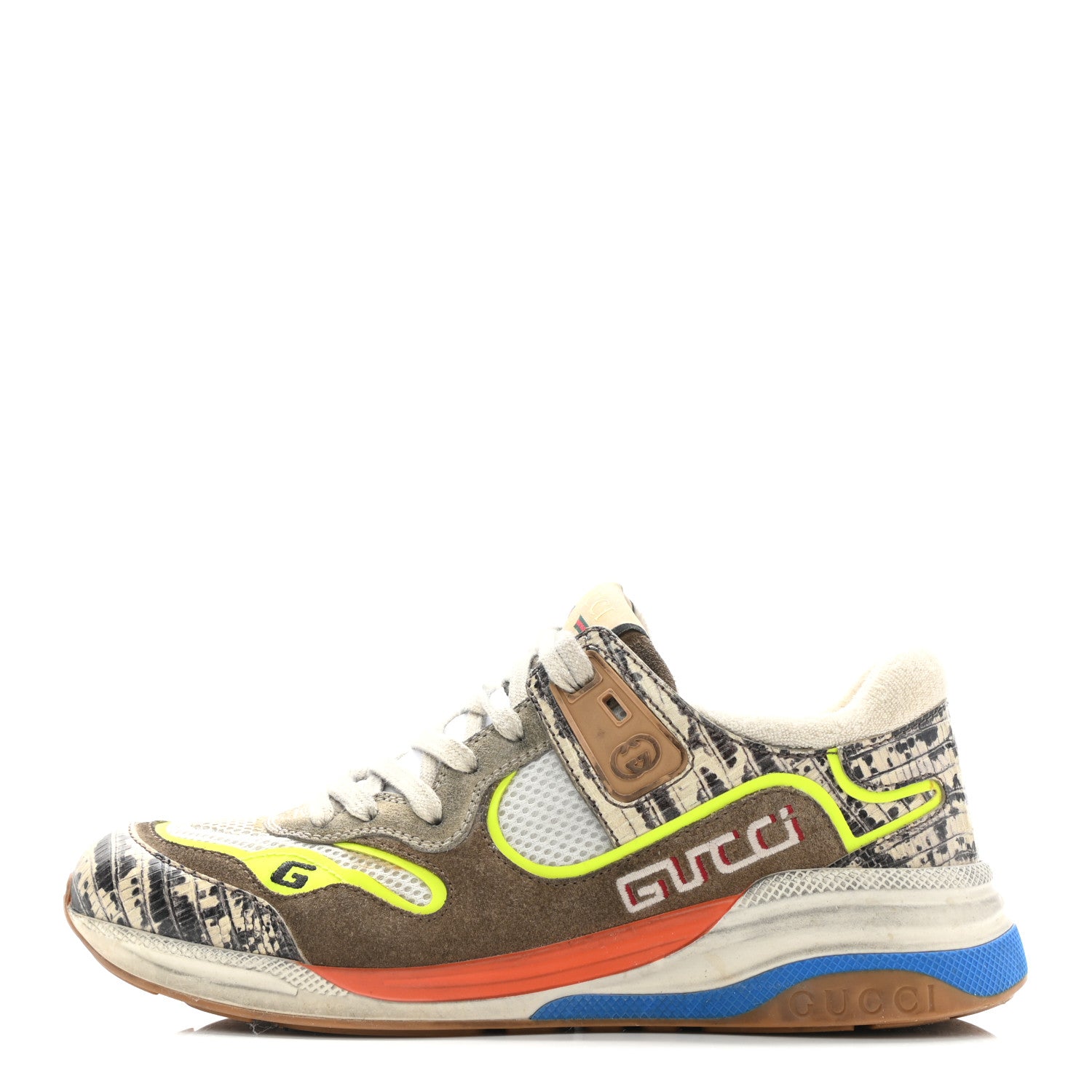 Gucci Suede Calfskin Tejus Printed Womens Ultrapace Sneakers 38 Natural Ardesia Neon Yellow 1 of 14