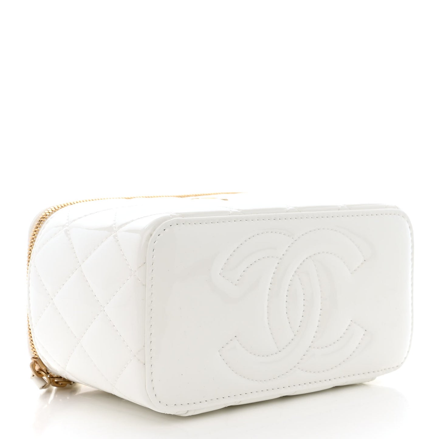 Patent Enamel Quilted Small Coco Hearts Vanity Case With Chain White