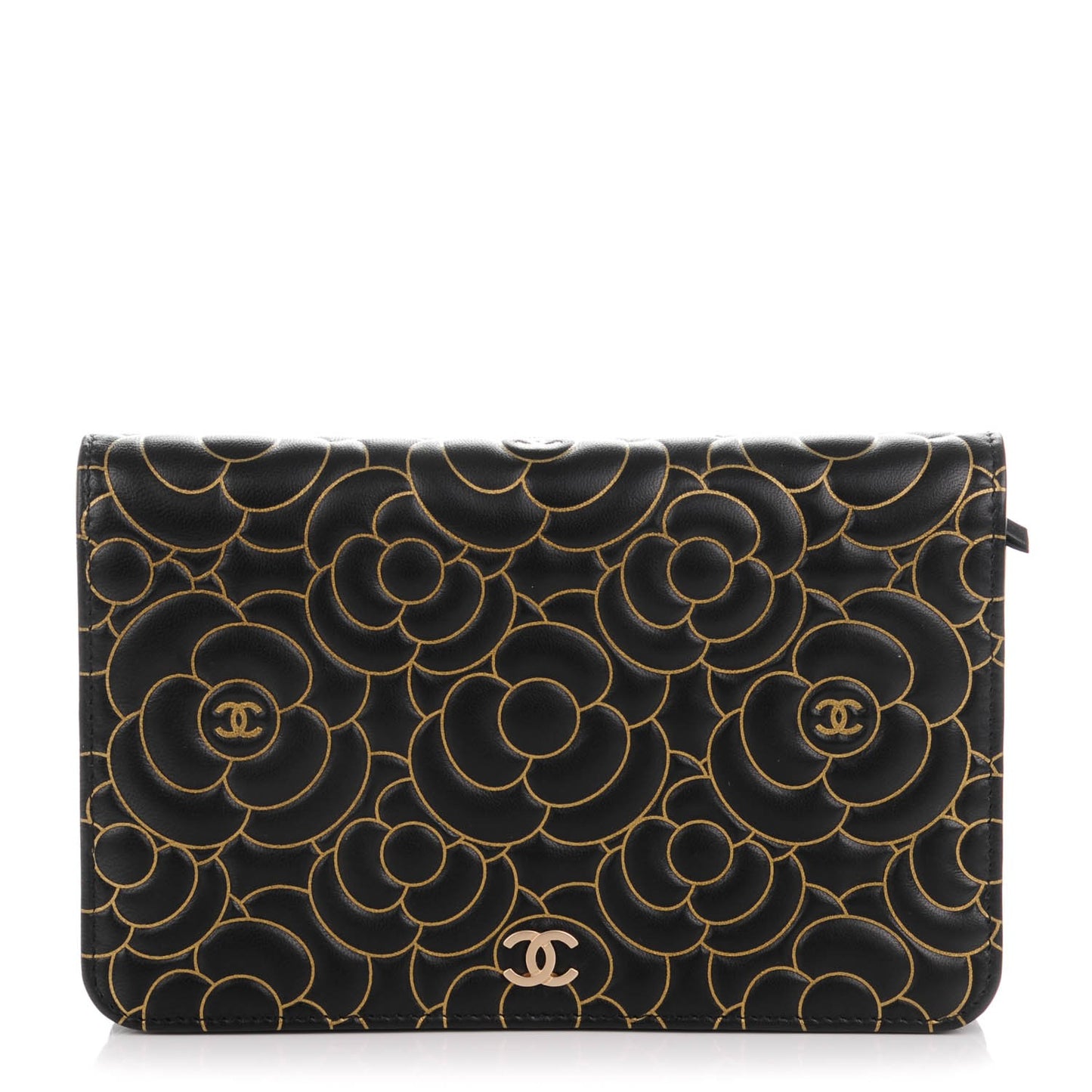 Lambskin Camellia Embossed Wallet On Chain WOC Black Gold