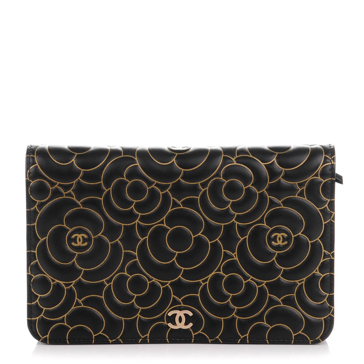 Chanel Lambskin Camellia Embossed Wallet On Chain WOC Black Gold 1 of 8