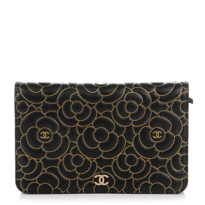 Chanel Lambskin Camellia Embossed Wallet On Chain WOC Black Gold 1 of 8