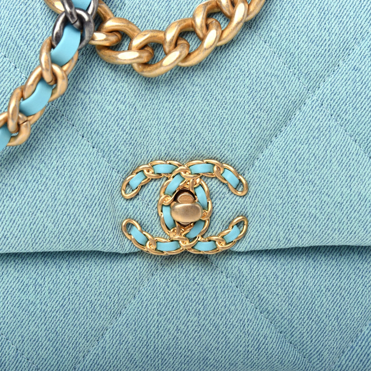 Denim Quilted Medium Chanel 19 Flap Neon Blue