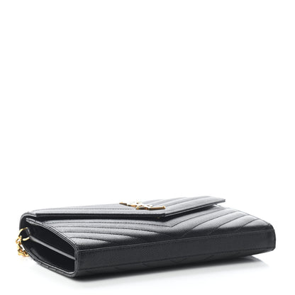Saint Laurent Grain De Poudre Matelasse Chevron Monogram Chain Wallet Black 4 of 7