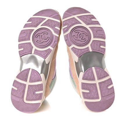 Chanel Nylon Lambskin Suede Calfskin CC Sneakers 37.5 Green Purple Pink 5 of 7