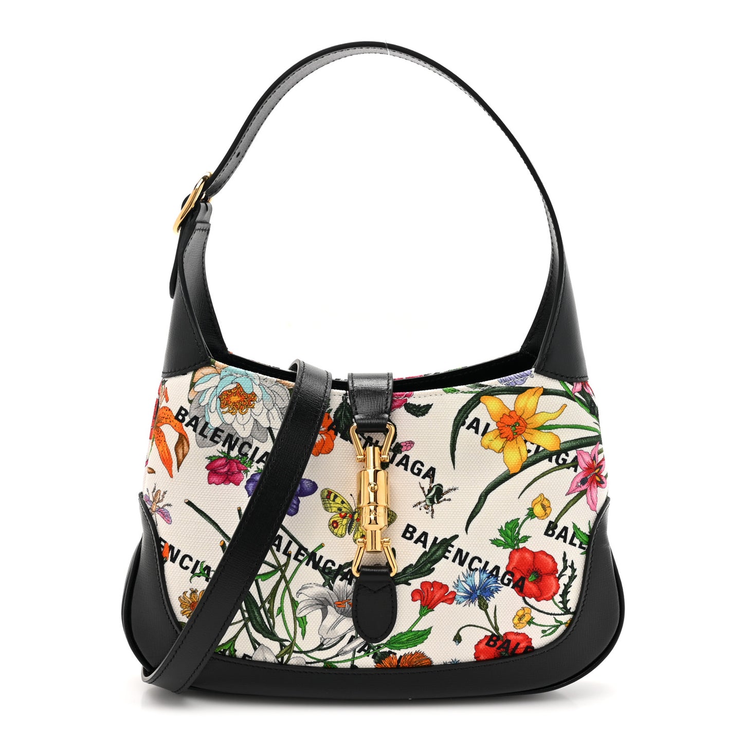 X BALENCIAGA Canvas Boarded Pluton Calfskin Flora Logo Print Small Jackie 1961 Hobo White Multicolor Black