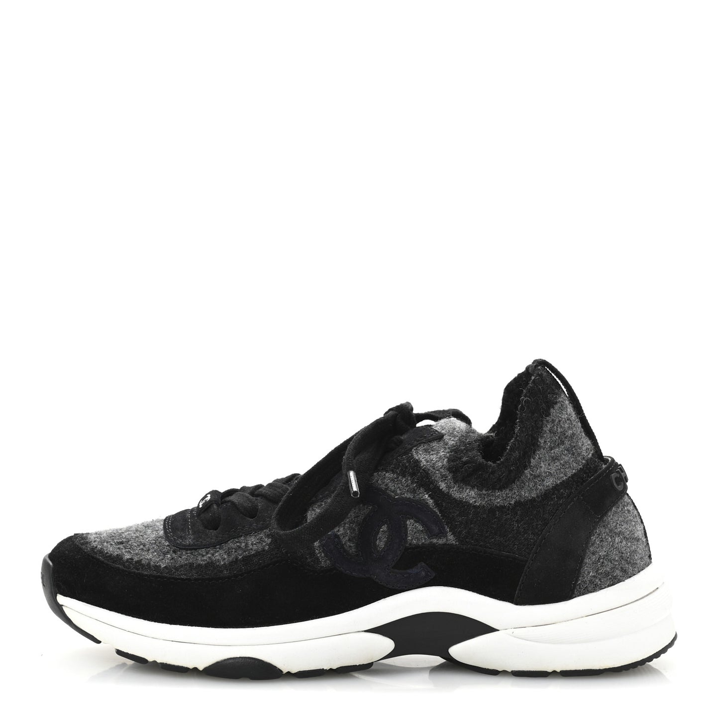 Knit Fabric Suede Calfskin Womens CC Sneakers 38 Grey Black
