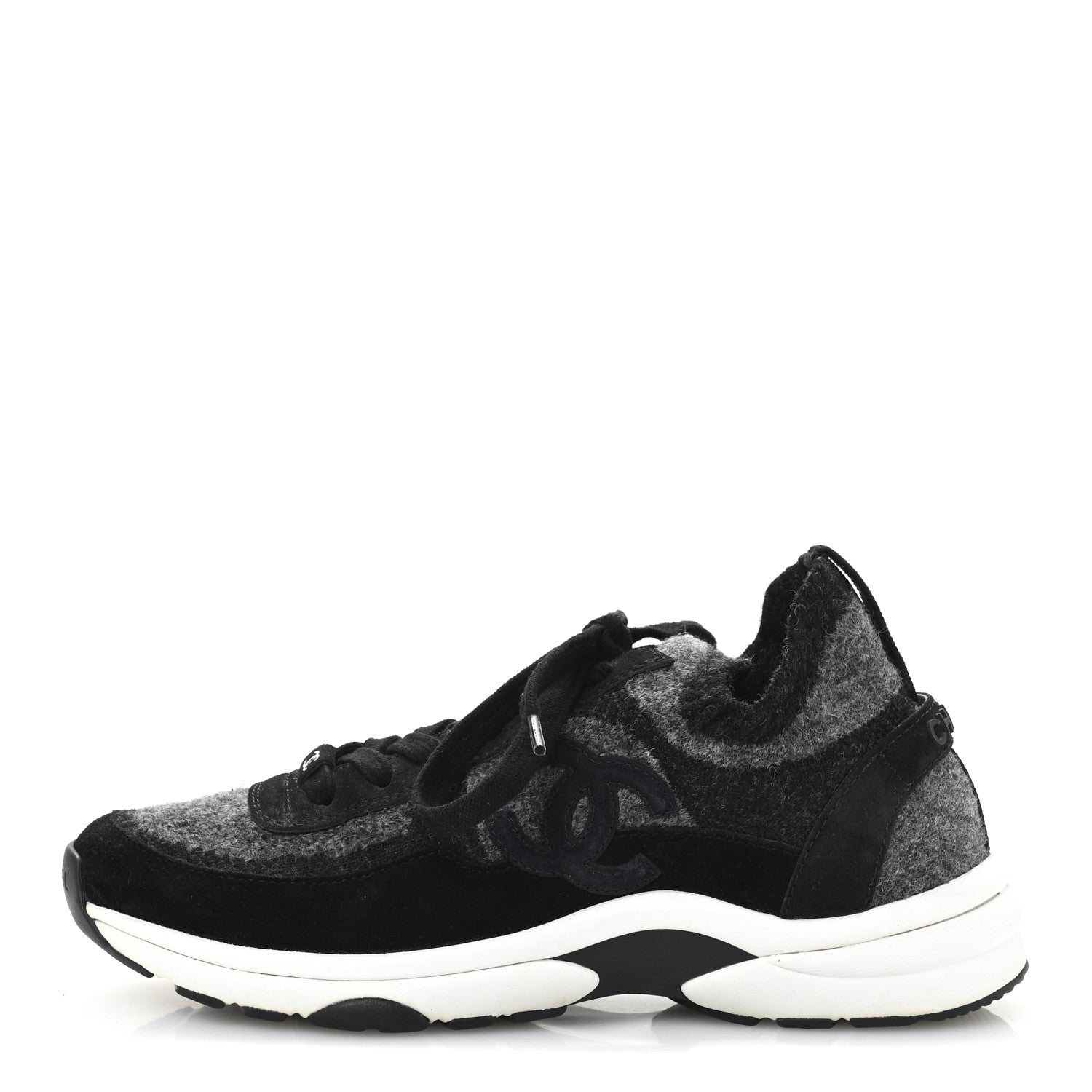 Chanel Knit Fabric Suede Calfskin Womens CC Sneakers 38 Grey Black 1 of 9