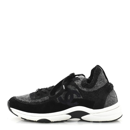Chanel Knit Fabric Suede Calfskin Womens CC Sneakers 38 Grey Black 1 of 9