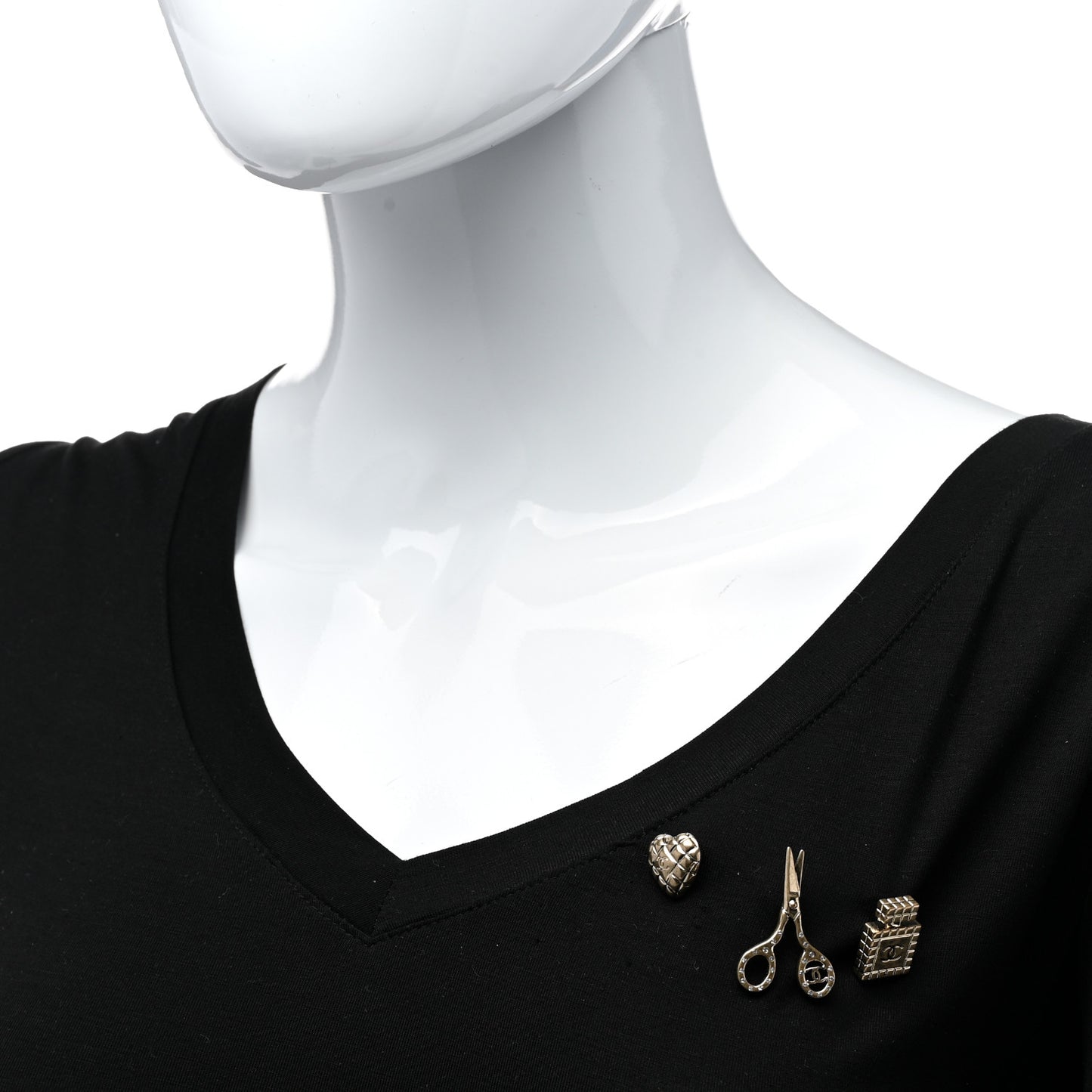 Metal Strass Crystal Quilted CC Heart Scissors Perfume Brooch Set Gold