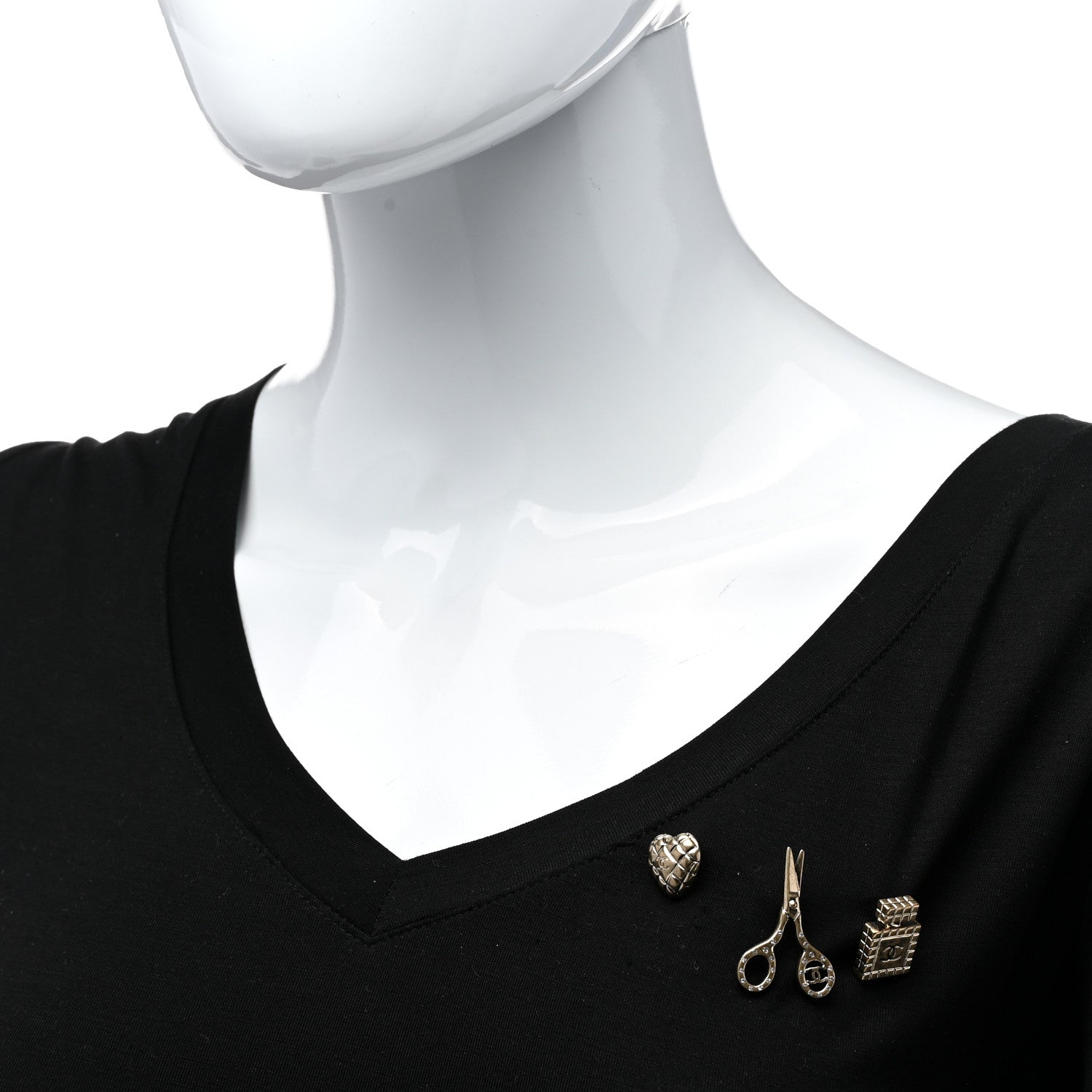 Chanel Metal Strass Crystal Quilted CC Heart Scissors Perfume Brooch Set Gold 2 of 6