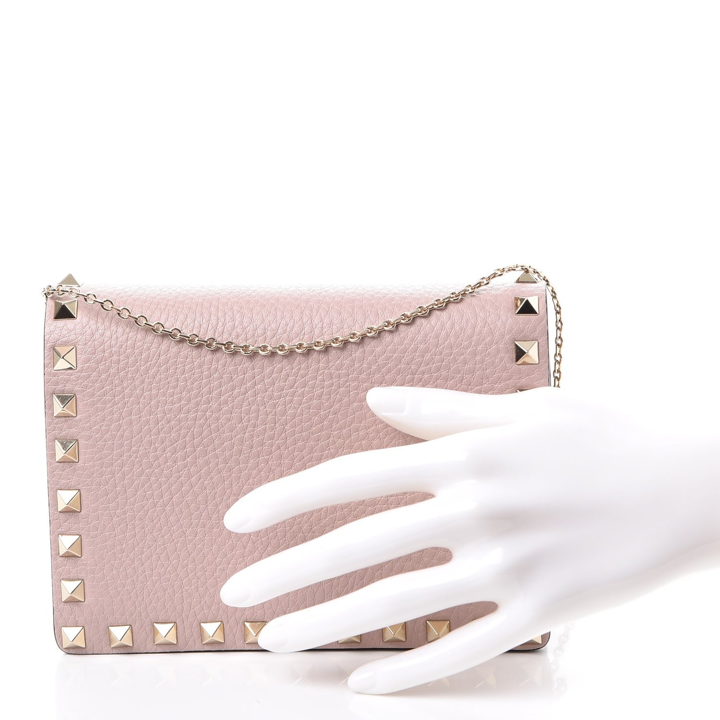 Pebbled Calfskin Rockstud Wallet on Chain Poudre