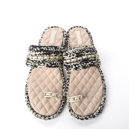Chanel Raffia Lambskin Woven Chain CC Toe Ring Sandals 41.5 Black Beige 6 of 11