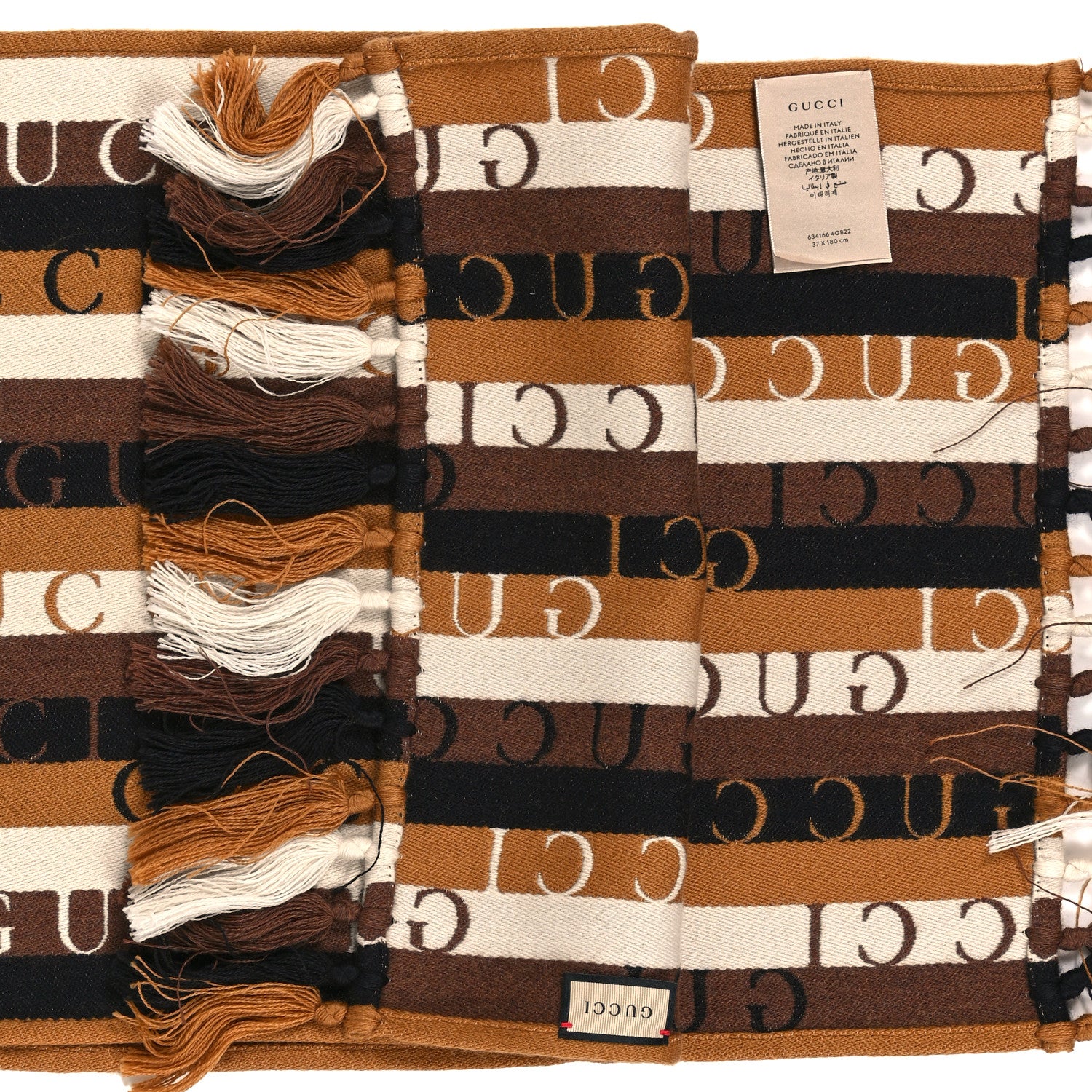 Gucci Wool Cotton Logo Wood Stripes Scarf Light Brown Dark Brown 3 of 4