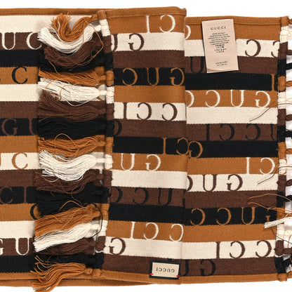 Gucci Wool Cotton Logo Wood Stripes Scarf Light Brown Dark Brown 3 of 4