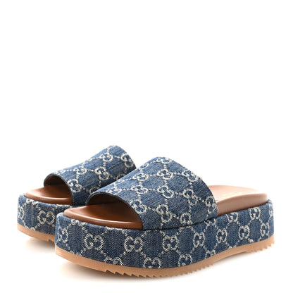 Gucci New Denim GG Monogram Angelina Platform 55mm Slide Sandals 37.5 Blue Tea 4 of 9
