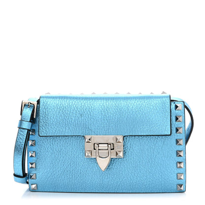 Valentino Garavani Metallic Pebbled Calfskin Small Rockstud Overlay Flap Shoulder Bag Cerulean 1 of 9