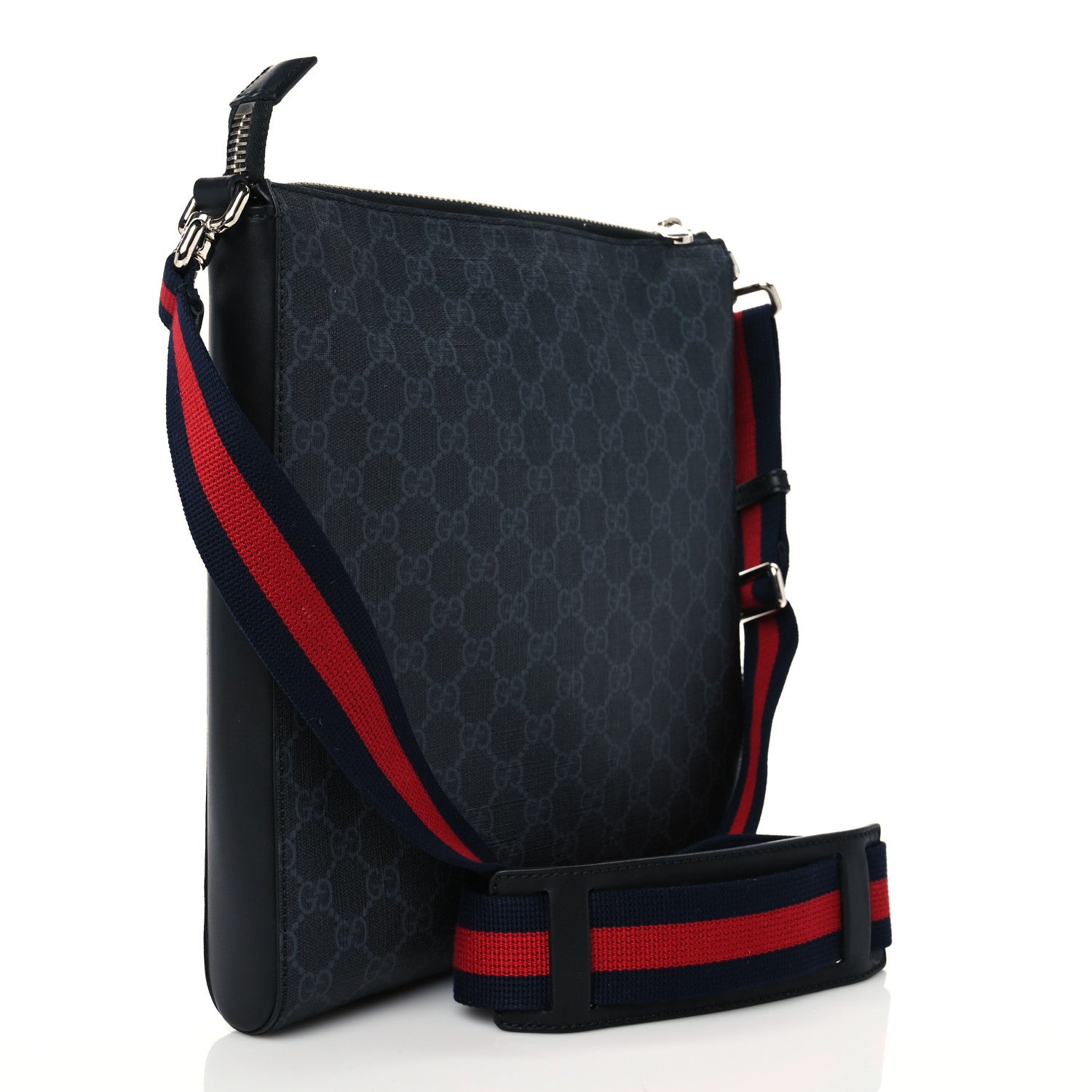 Gucci GG Supreme Monogram Appia Calfskin Web Flat Messenger Bag Black Grey 3 of 9