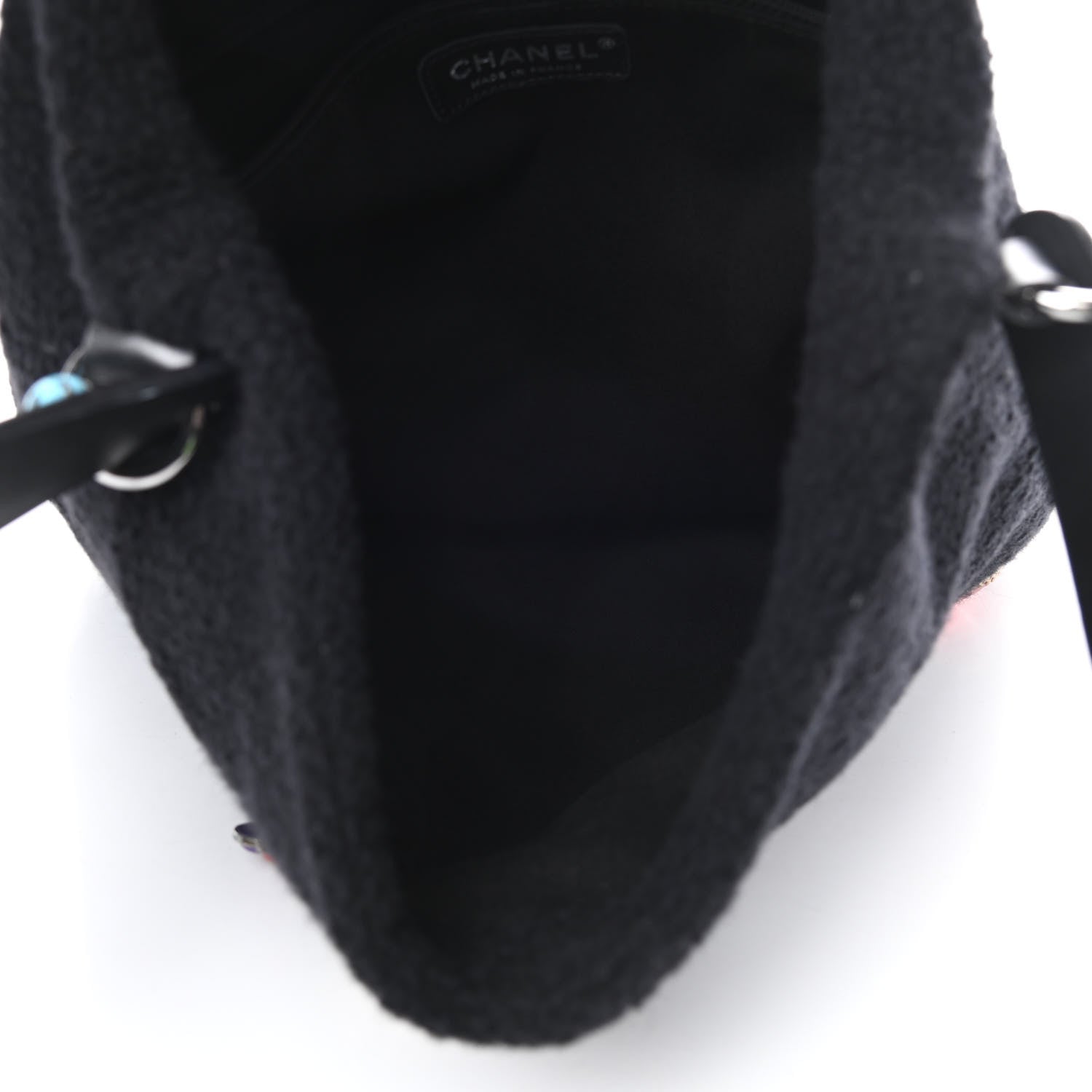 Chanel Wool Brooch Embellished Small Fringe Tote Black 5 of 12