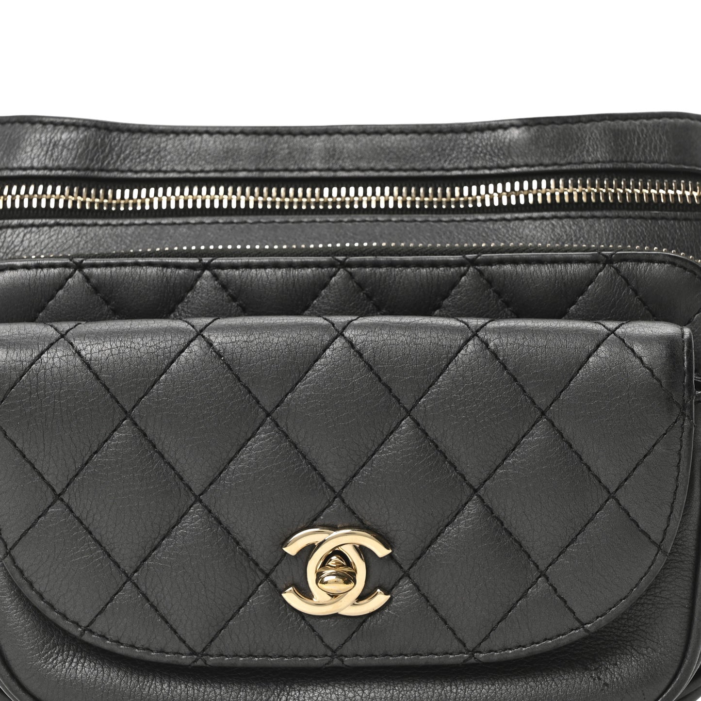 Metallic Calfskin Flap Chain Waist Bag Ruthenium
