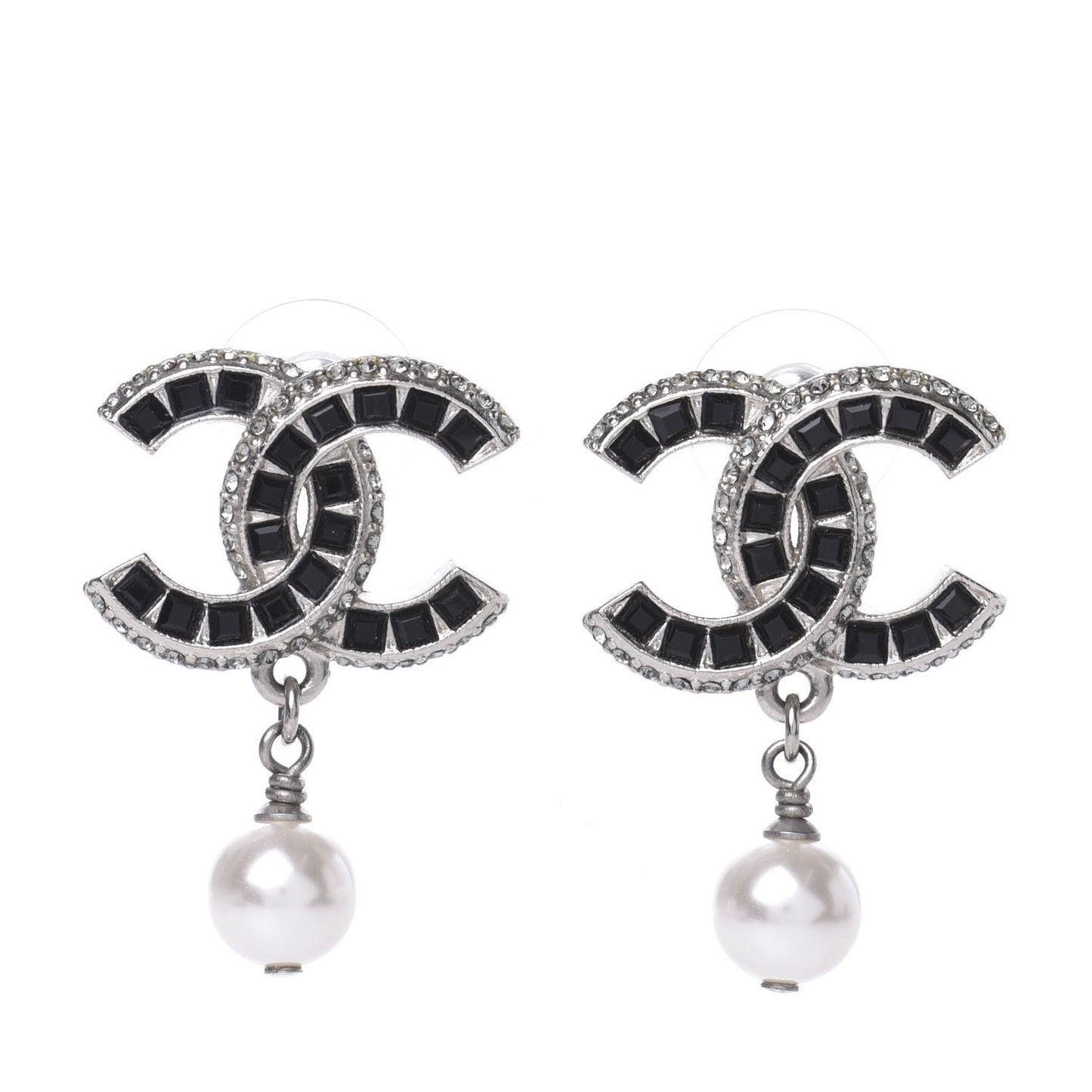 Baguette Crystal Pearl CC Drop Earrings Silver Black